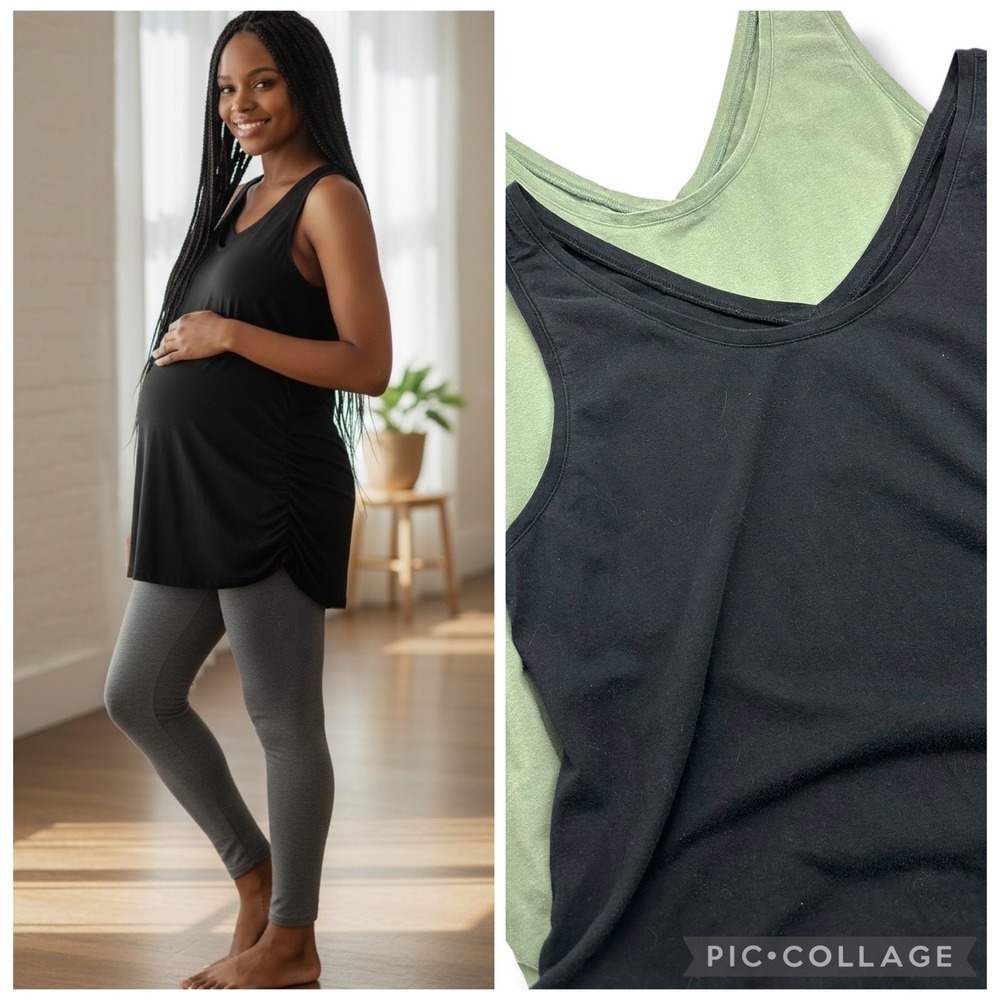 Motherhood Maternity Ruched Top Bundle 2pk Black / Green Scoop Neck V-Back 2X